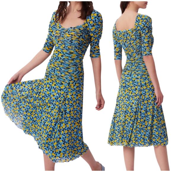 Diane von Furstenberg NWOT Dacey Lemon Gathered Dress Size XS Half Sleeve Ruched - Picture 1 of 13